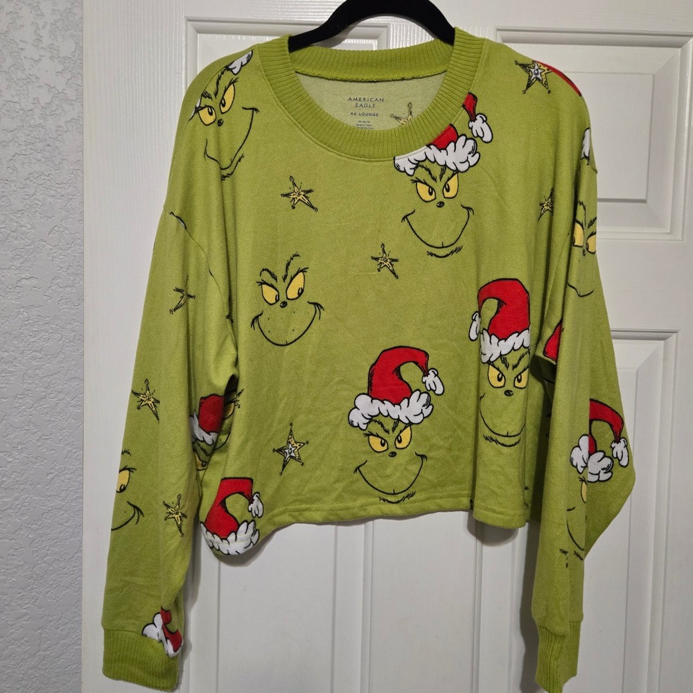 American Eagle The Grinch Pajama Set Womens Medium Green Crop Top Shorts Lounge